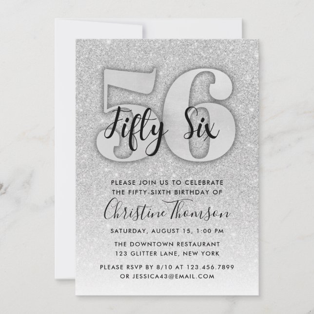 Silver Glitter 56th Birthday Invitation (Front)