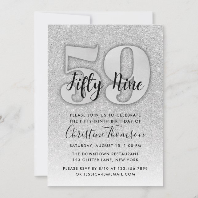 Silver Glitter 59th Birthday Invitation (Front)