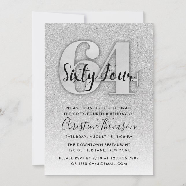 Silver Glitter 64th Birthday Invitation (Front)