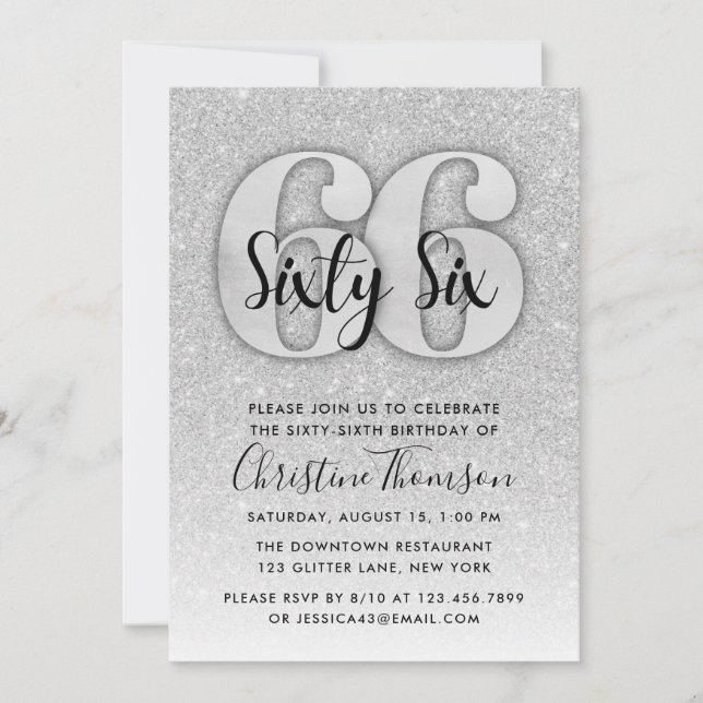Silver Glitter 66th Birthday Invitation (Front)