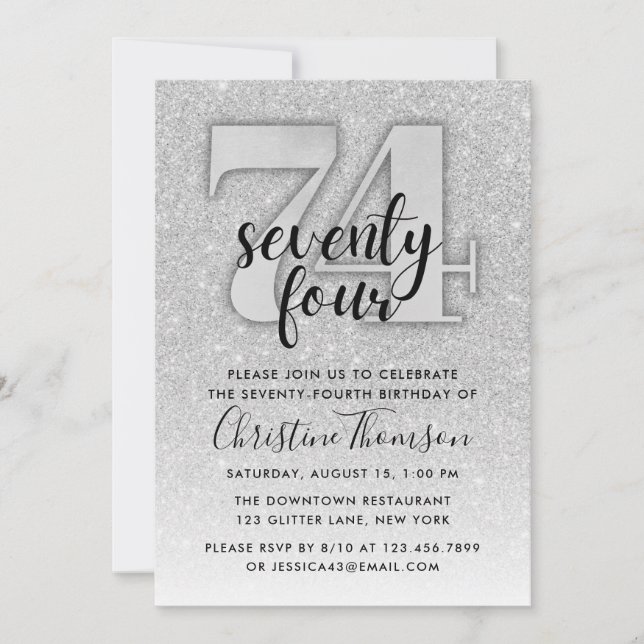 Silver Glitter 74th Birthday Invitation (Front)