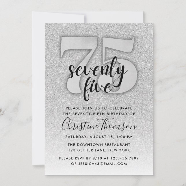 Silver Glitter 75th Birthday Invitation (Front)