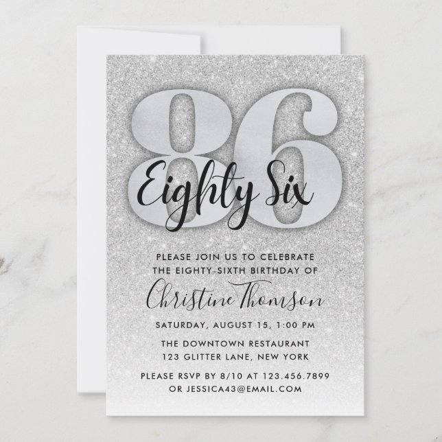 Silver Glitter 86th Birthday Invitation (Front)