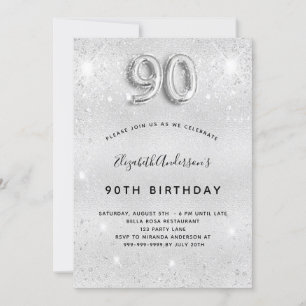 Silver glitter 90th birthday invitation
