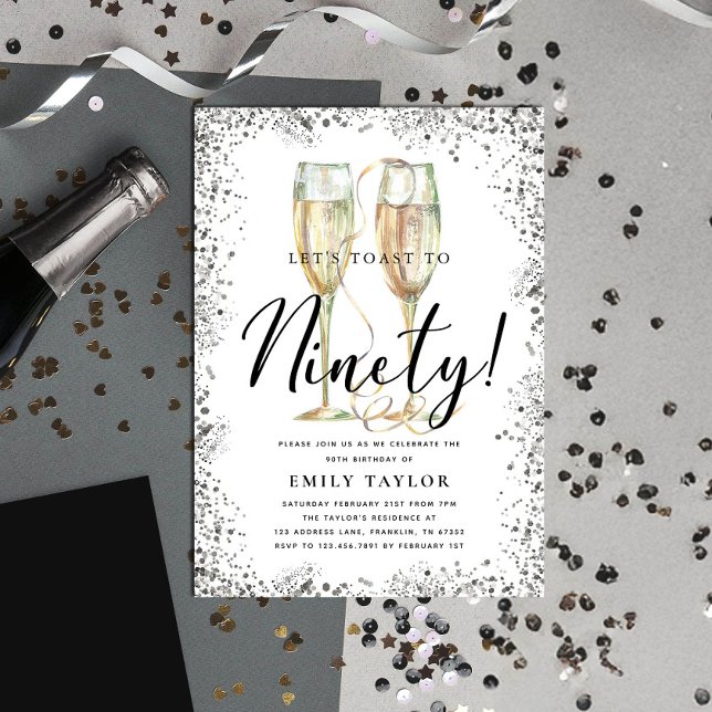 Silver Glitter 90th Birthday Party Invitation (Creator Uploaded)