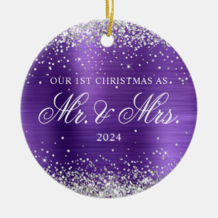 Silver Glitter Amethyst Foil 1st Christmas Photo Ceramic Tree Decoration