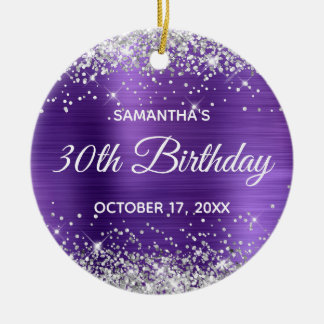 Silver Glitter Amethyst Foil 30th Birthday Ceramic Tree Decoration