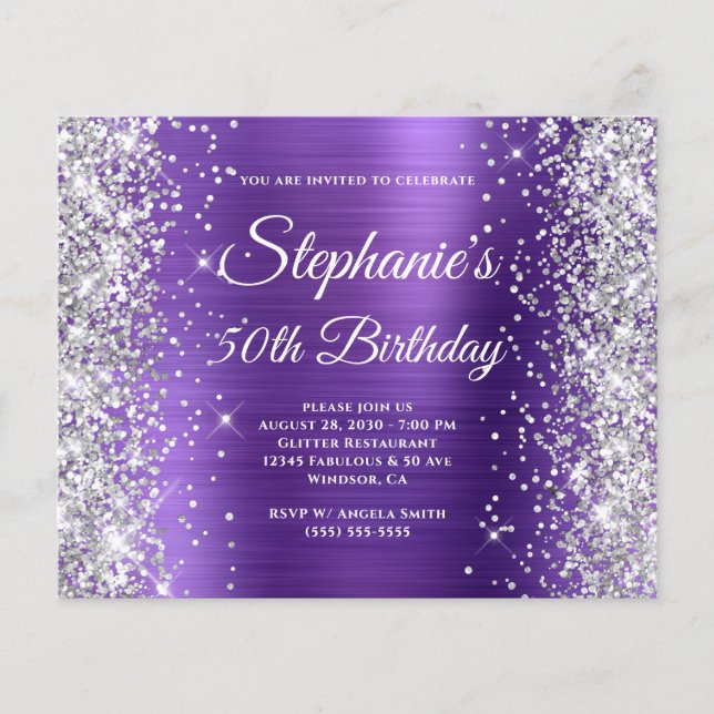 Silver Glitter Amethyst Foil 50th Birthday Flyer (Front)