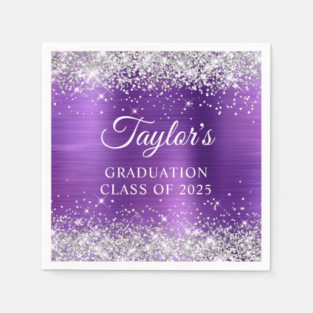 Silver Glitter Amethyst Foil Graduation Napkin (Front)