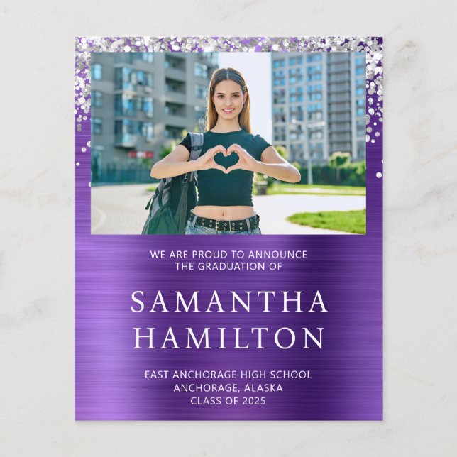 Silver Glitter Amethyst Foil Photo Graduation Flyer (Front)
