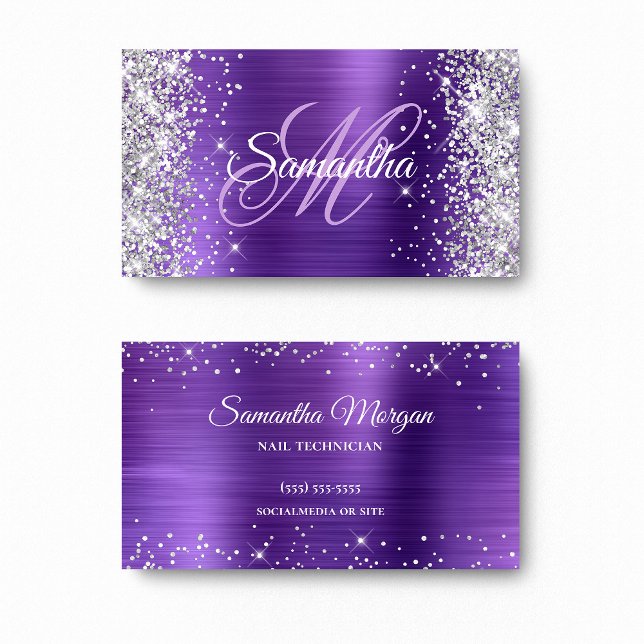 Silver Glitter Amethyst Foil Purple Monogram Business Card (Silver Glitter Amethyst Foil Purple Monogram Business Card)