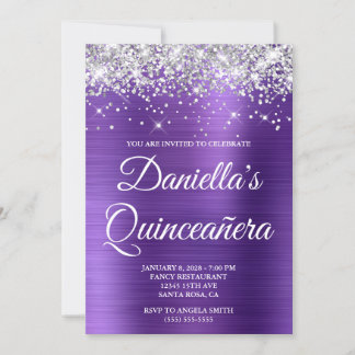 Silver Glitter Amethyst Foil Quinceañera Invitation
