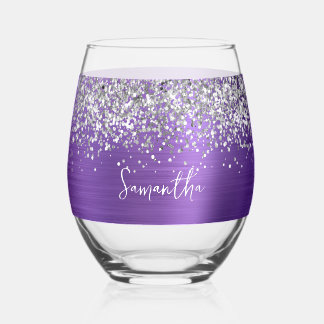 Silver Glitter Amethyst Glam Name Stemless Wine Glass