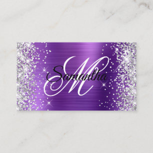 Silver Glitter Amethyst Purple Foil Fancy Monogram Business Card