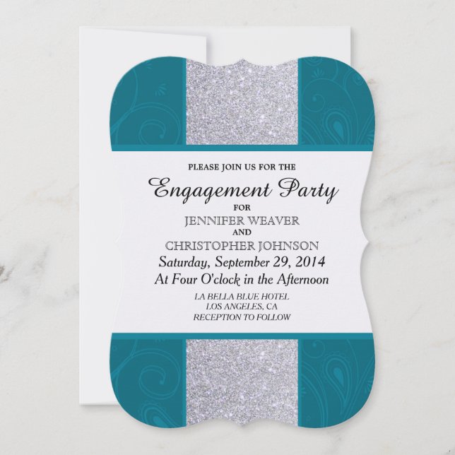 Silver Glitter and Aqua Teal with Swirly Design Invitation (Front)