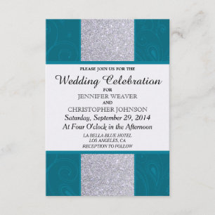Silver Glitter and Aqua Teal with Swirly Design Invitation