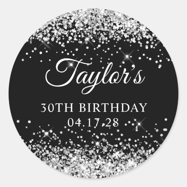 Silver Glitter and Black 30th Birthday Classic Round Sticker (Front)
