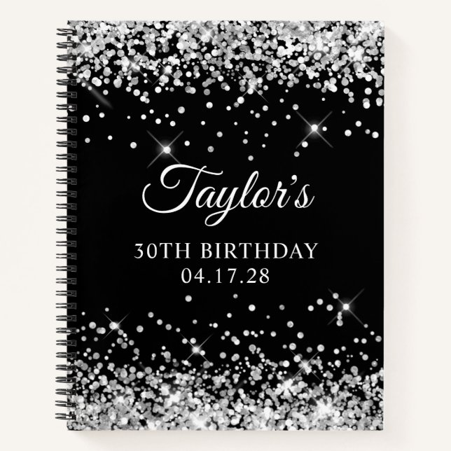 Silver Glitter and Black 30th Birthday Notebook (Front)