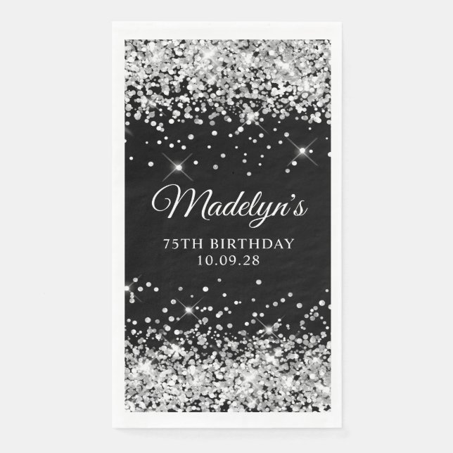 Silver Glitter and Black 75th Birthday Napkin (Front)