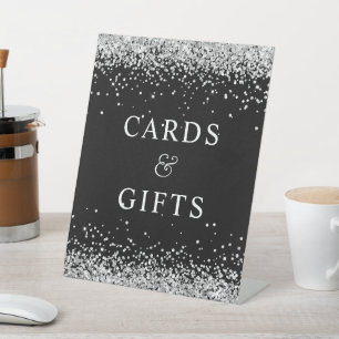 Silver Glitter and Black Cards & Gifts Pedestal Sign