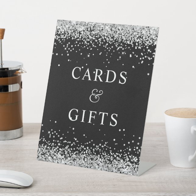 Silver Glitter and Black Cards & Gifts Pedestal Sign (In SItu)