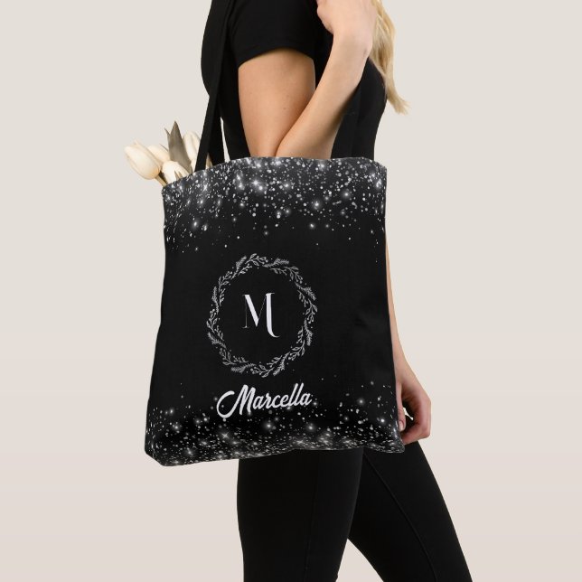 Silver Glitter And Black Elegant Monogrammed  Tote Bag (Close Up)