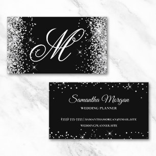 Silver Glitter and Black Fancy Monogrammed Business Card