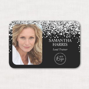Silver Glitter and Black Logo and Photo Name Tag