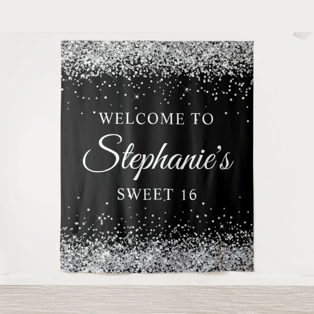 Silver Glitter and Black Welcome to Sweet 16 Tapestry (Front)