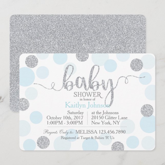 Silver Glitter and Blue Scattered Dots Baby Shower Invitation (Front/Back)