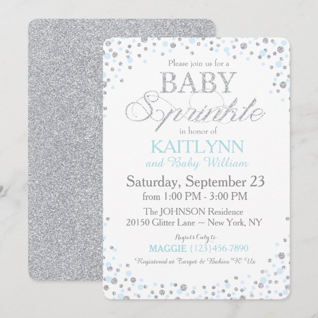 Silver Glitter and Blue Sprinkle Baby Shower Invitation (Front/Back)