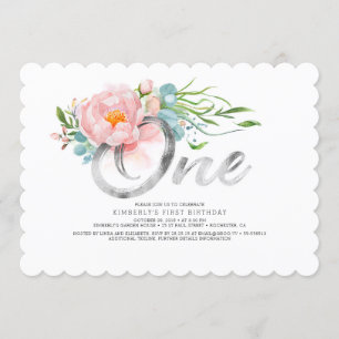 Silver Glitter and Blush Pink Flowers 1st Birthday Invitation