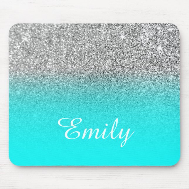 Silver Glitter and Bright Aqua Ombre Mouse Mat (Front)
