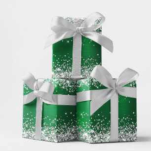 Silver Glitter and Bright Holiday Green Ombre Foil Wrapping Paper Sheet