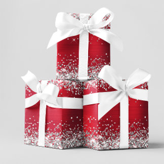 Silver Glitter and Bright Red Ombre Foil Wrapping Paper Sheet