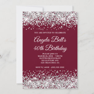 Silver Glitter and Burgundy 40th Birthday Invitation