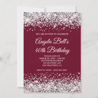Silver Glitter and Burgundy 40th Birthday Invitation