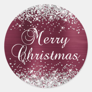 Silver Glitter and Burgundy Foil Merry Christmas Classic Round Sticker