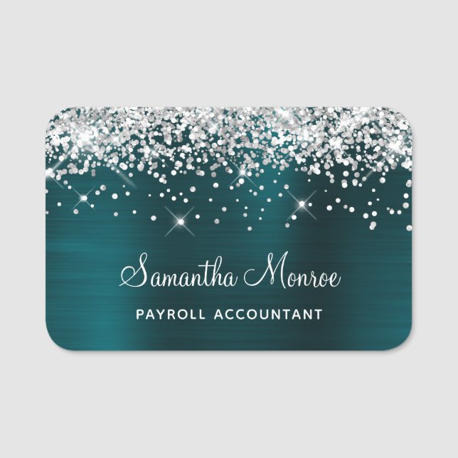 Silver Glitter and Dark Turquoise Foil Name Tag (Front)