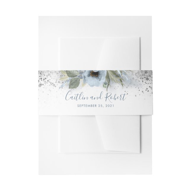 Silver Glitter and Dusty Blue Floral Wedding Invitation Belly Band (Front Example)