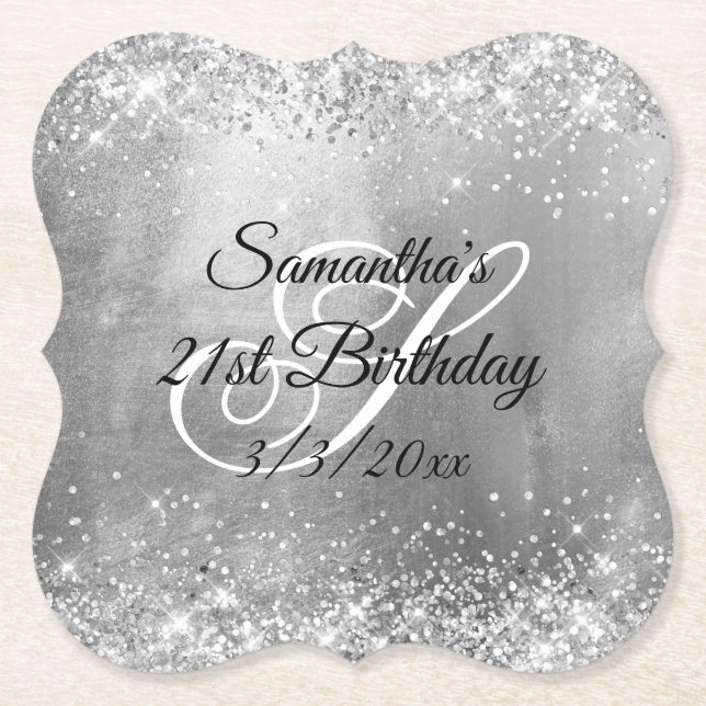 Silver Glitter and Foil 21st Birthday Paper Coaster (Front)