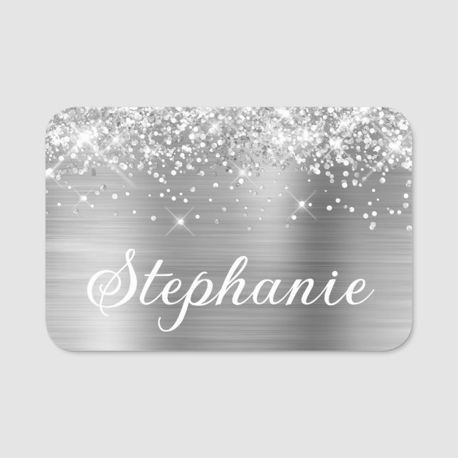 Silver Glitter and Foil First Name Tag (Front)