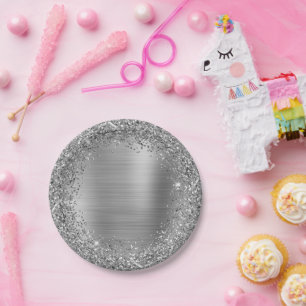 Silver Glitter and Foil Girly Glam Paper Plate