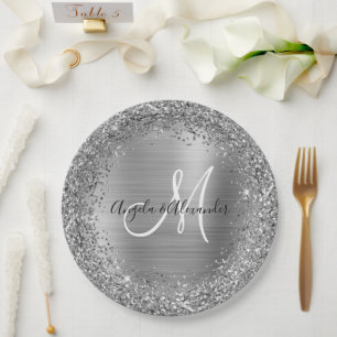 Silver Glitter and Foil Wedding Monogram Paper Plate