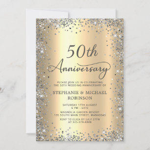  Silver Glitter and Gold 50th Wedding Anniversary Invitation