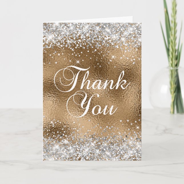 Silver Glitter and Gold Glass Foil Thank You Card (Front)