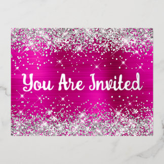 Silver Glitter and Hot Pink Glam 30th Birthday Foil Invitation Postcard