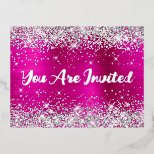 Silver Glitter and Hot Pink Glam 40th Birthday Foil Invitation Postcard