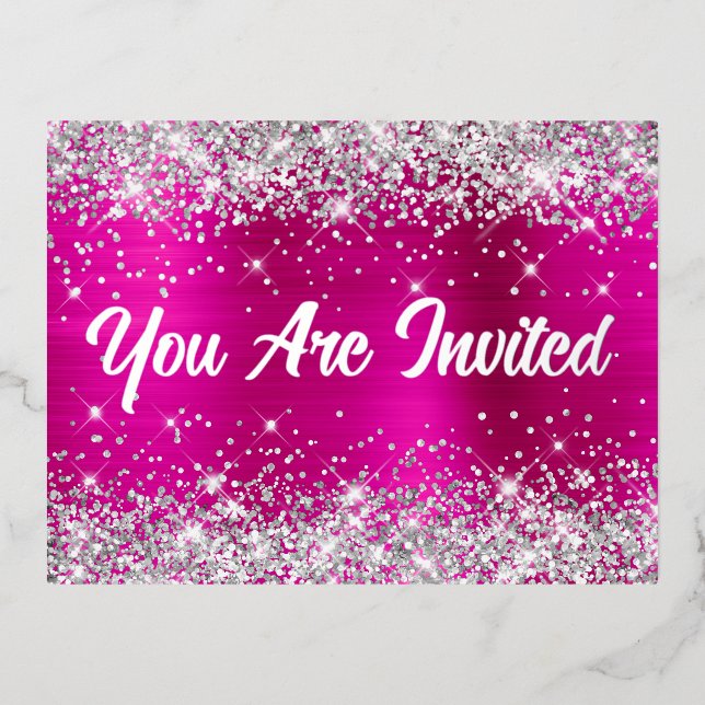Silver Glitter and Hot Pink Glam 50th Birthday Foil Invitation Postcard (Front)