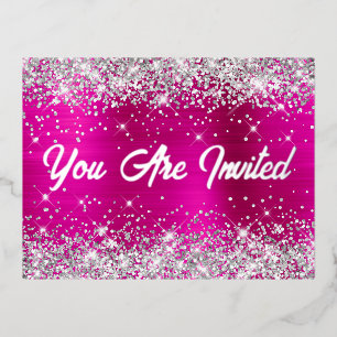 Silver Glitter and Hot Pink Glam 60th Birthday Foil Invitation Postcard